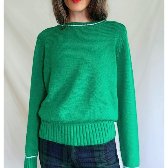 Vintage 1960s 70s Kelly Green Acrylic Knit Crewneck Sweater, Women's Medium - Picture 5 of 8